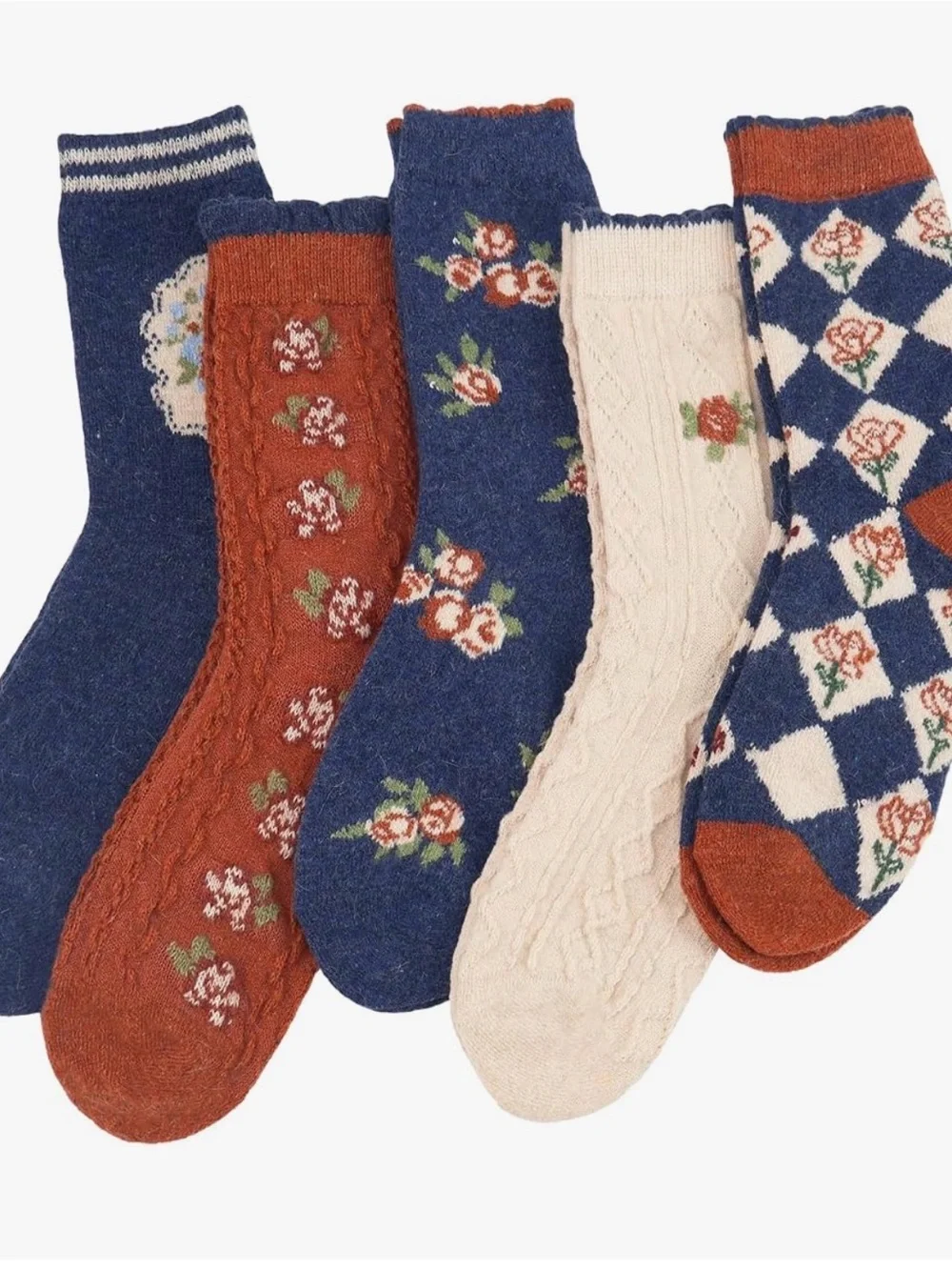 NEW Cozy Fall🍂🍁Floral Crew Socks - Blue, Rust & Cream (5-Pairs)